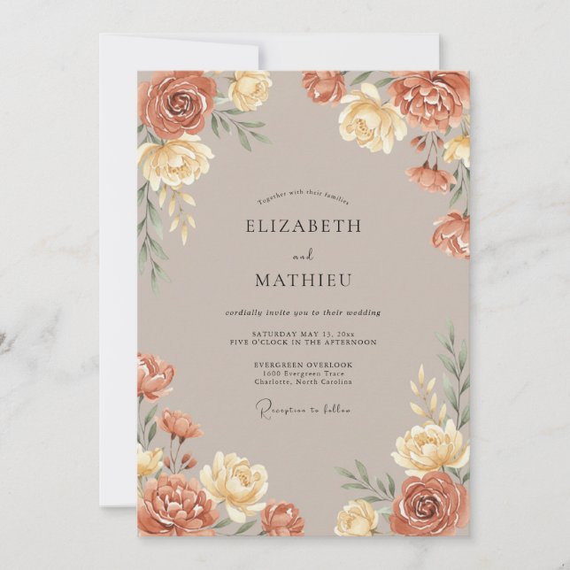 Invitation Mariage Romance Florale Ocre (Devant)