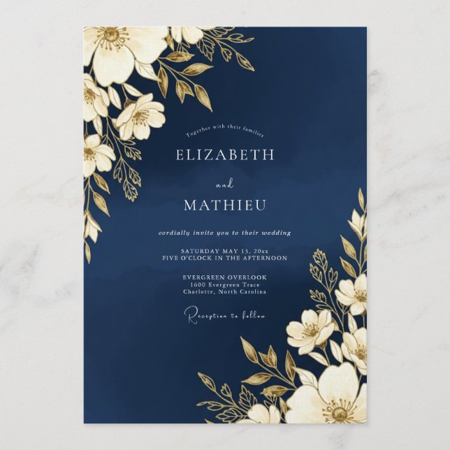 Invitation Mariage Romance Florale Or et Marine (Devant)