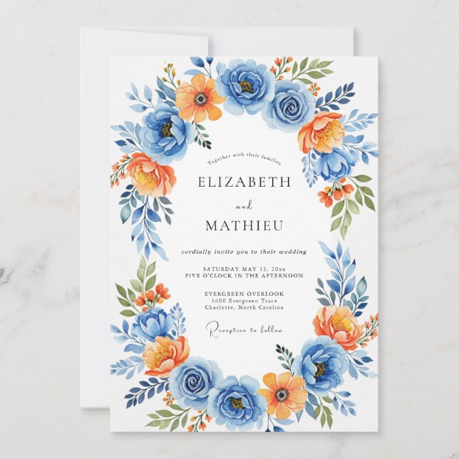 Invitation Mariage Romance Florale Orange Bleu (Devant)