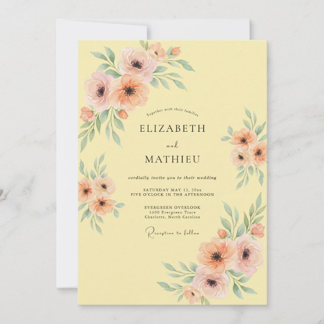Invitation Mariage Romance Florale Pastel Pêche (Devant)