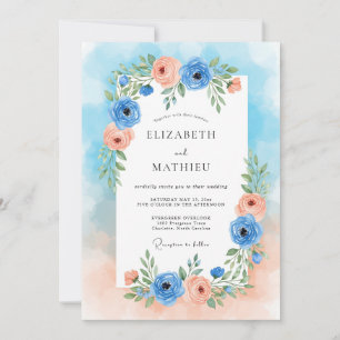 Invitation Mariage Romance Florale Peche Bleue