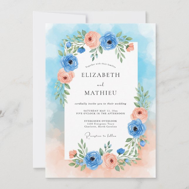 Invitation Mariage Romance Florale Peche Bleue (Devant)