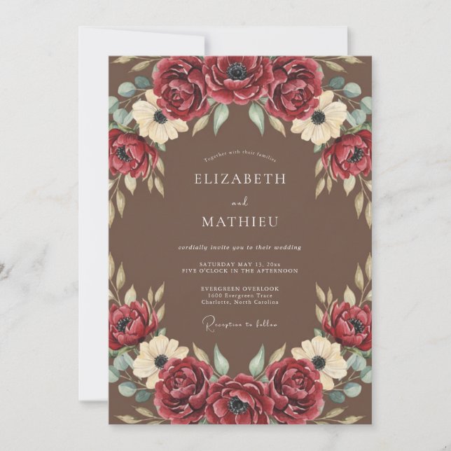 Invitation Mariage Romance Florale Riche Bourgogne (Devant)