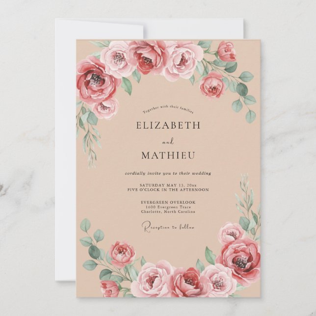 Invitation Mariage Romance Florale Rose (Devant)