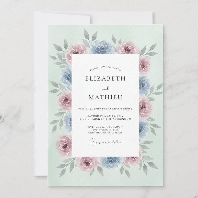 Invitation Mariage Romance Florale Rose Bleu Menthe (Devant)