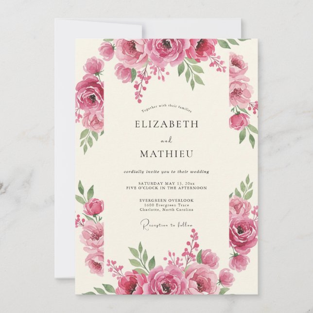 Invitation Mariage Romance Florale Rose Clair (Devant)