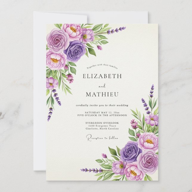 Invitation Mariage Romance Florale Rose Lavande (Devant)