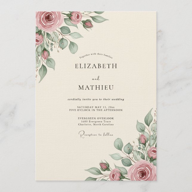 Invitation Mariage Romance Florale Rose Poussiéreuse (Devant)
