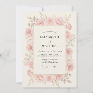 Invitation Mariage Romance Florale Rose Poussiéreux
