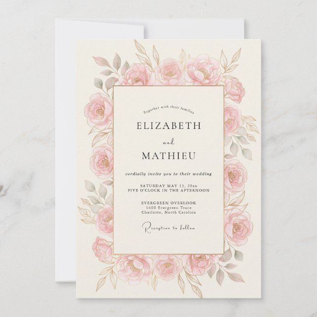 Invitation Mariage Romance Florale Rose Poussiéreux (Devant)