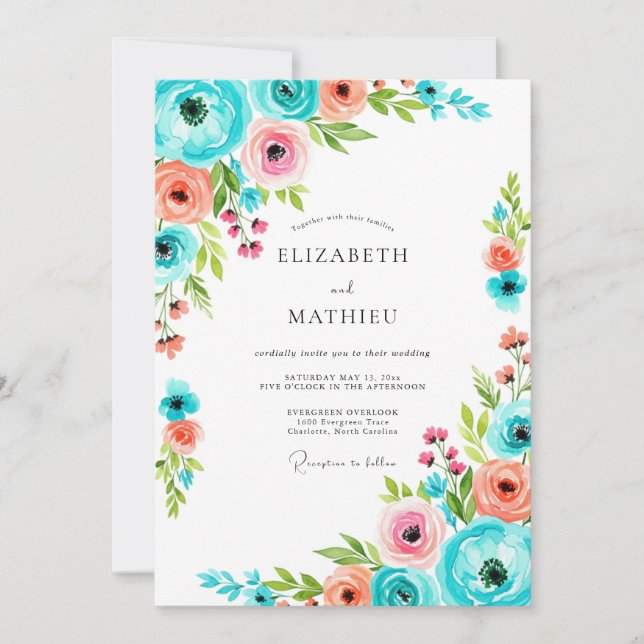 Invitation Mariage Romance Florale Rose Turquoise (Devant)