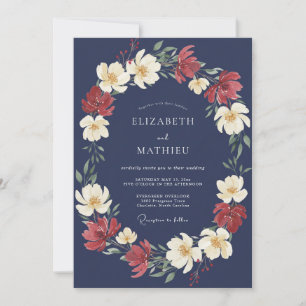 Invitation Mariage Romance Florale Rouge Marine