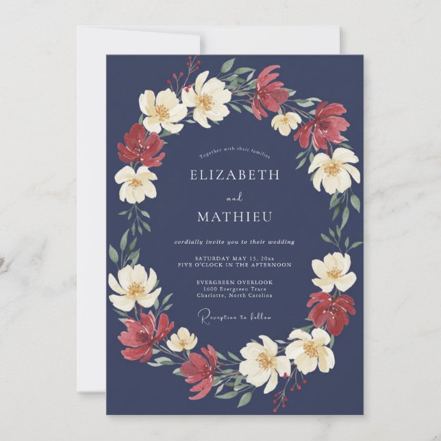 Invitation Mariage Romance Florale Rouge Marine (Devant)