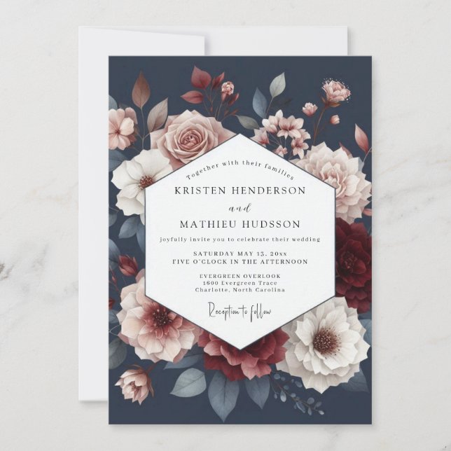 Invitation Mariage Romance Florale Rouge Profond (Devant)