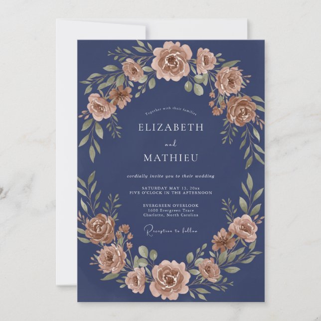 Invitation Mariage Romance Florale Rouille Navy (Devant)
