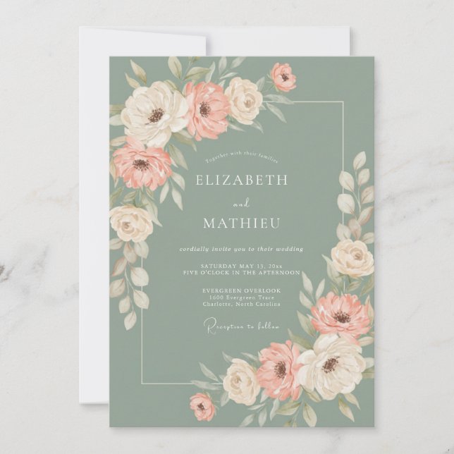 Invitation Mariage Romance Florale Sage (Devant)