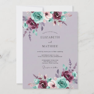 Invitation Mariage Romance Florale Sarcelle Bourgogne