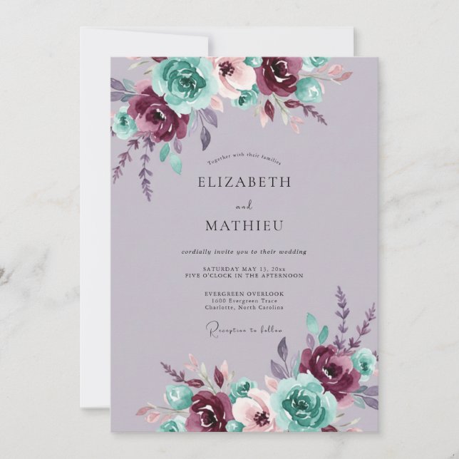 Invitation Mariage Romance Florale Sarcelle Bourgogne (Devant)