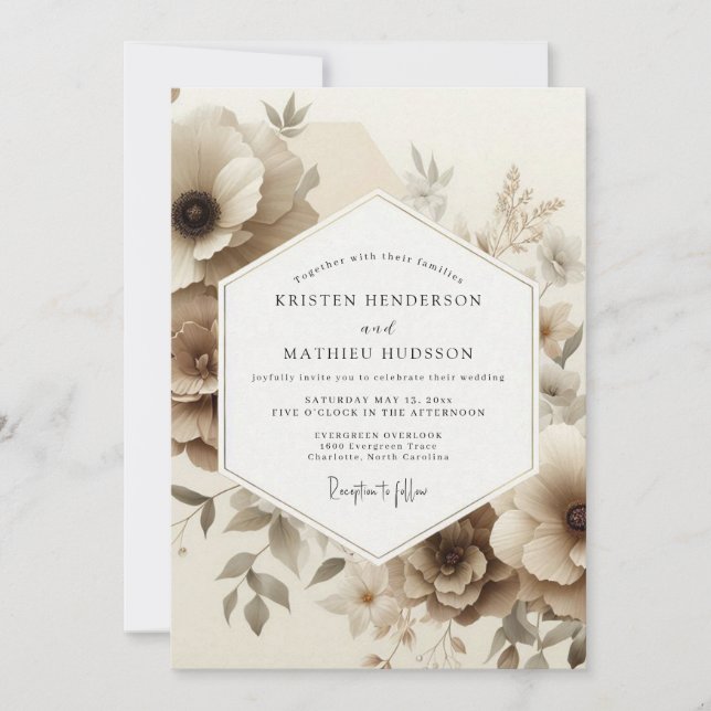 Invitation Mariage Romance Florale Sépia (Devant)