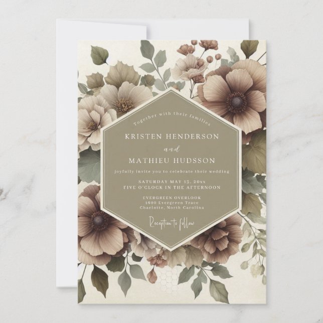 Invitation Mariage Romance Florale Taupe (Devant)
