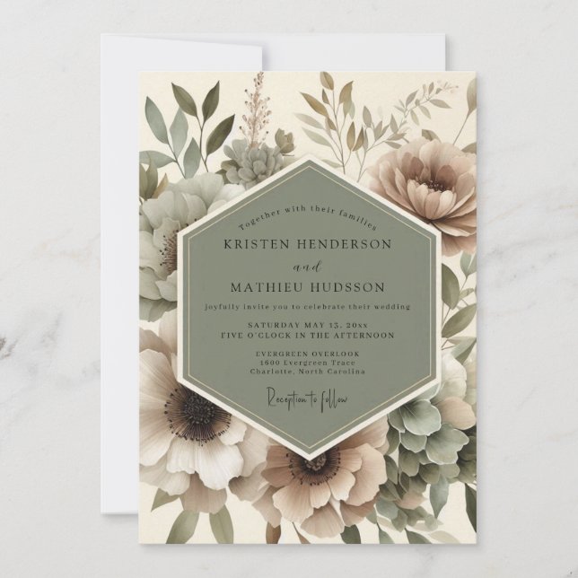 Invitation Mariage Romance Florale Taupe Automne (Devant)