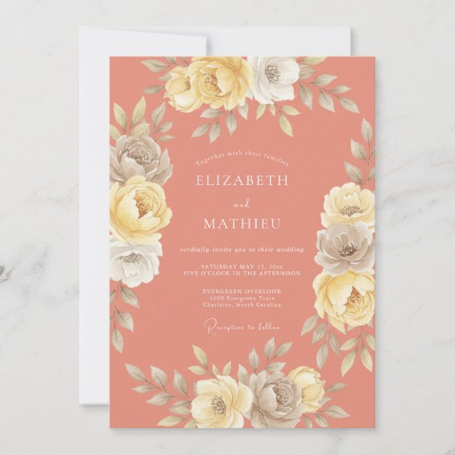 Invitation Mariage Romance Florale Teint de Corail (Devant)