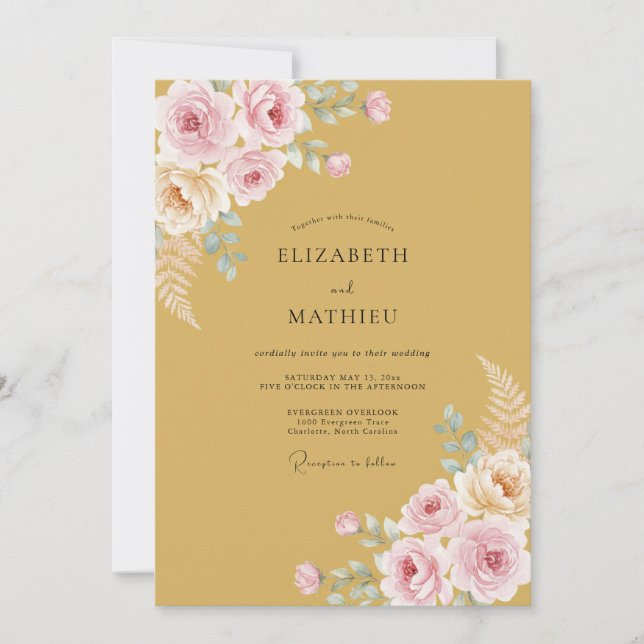 Invitation Mariage Romance Florale Teintée d'Or (Devant)