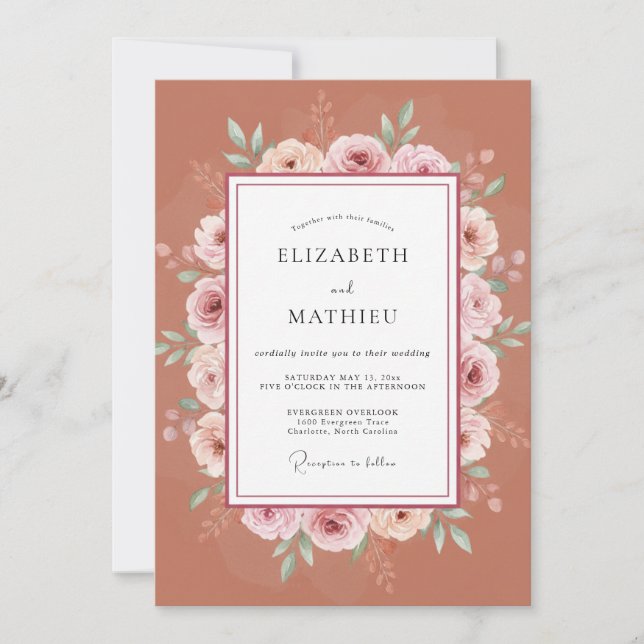 Invitation Mariage Romance Florale Terracotta (Devant)