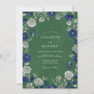 Invitation Mariage Romance Florale Verdoyant Bleu