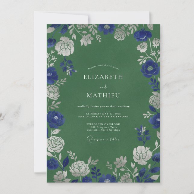 Invitation Mariage Romance Florale Verdoyant Bleu (Devant)