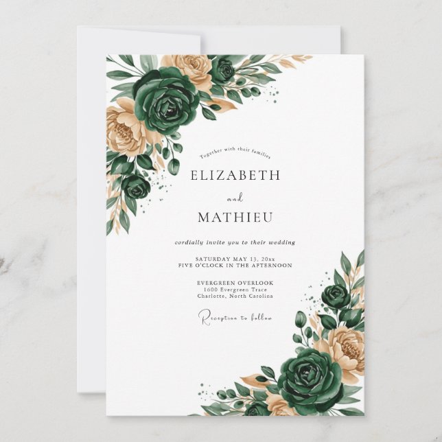 Invitation Mariage Romance Florale Vert Émeraude (Devant)