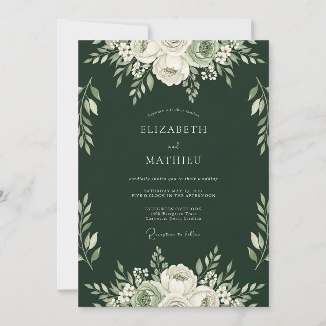 Invitation Mariage Romance Florale Vert Forêt (Devant)