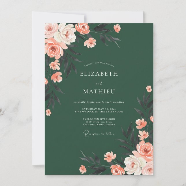 Invitation Mariage Romance Florale Vert Profond (Devant)