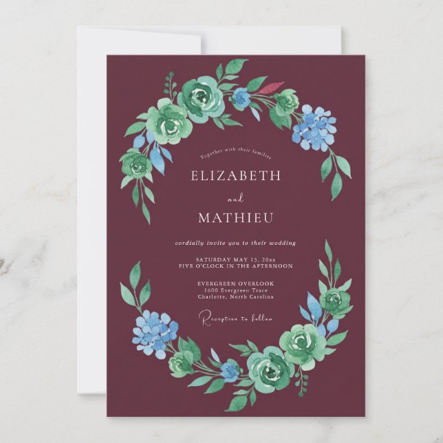 Invitation Mariage Romance Florale Verte Bourgogne (Devant)