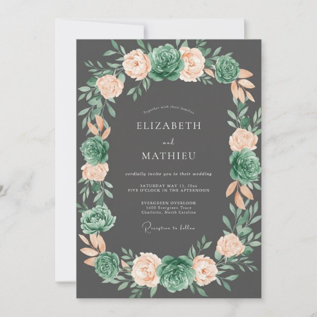 Invitation Mariage Romance Florale Verte Corail Gris (Devant)