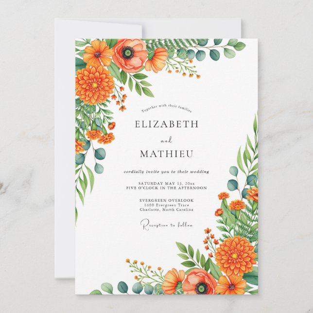 Invitation Mariage Romance Florale Vibrante Orange (Devant)