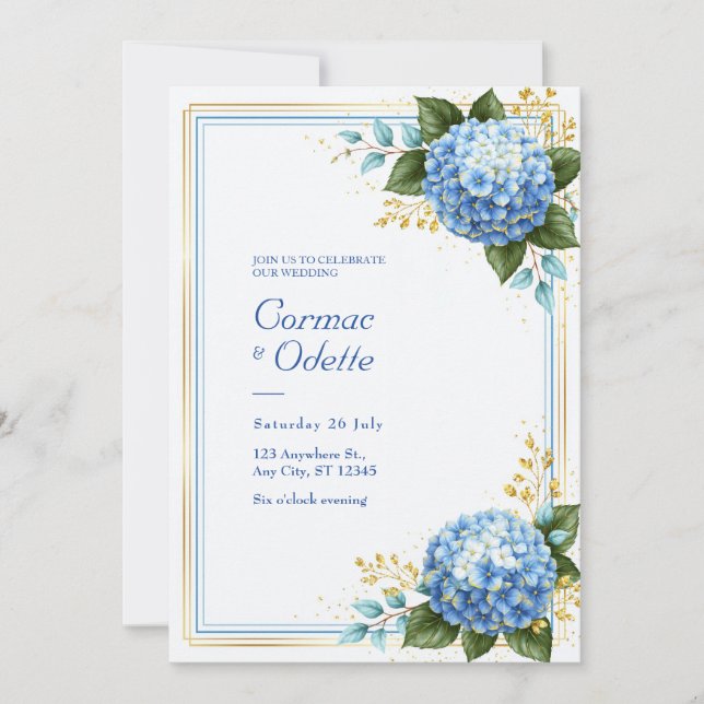 Invitation Mariage Romance Hydrangea Bleu Poudre Feuille D'Or (Devant)