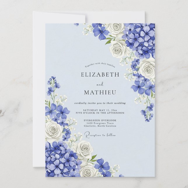 Invitation Mariage Romance Hydrangea Floral Bleu (Devant)