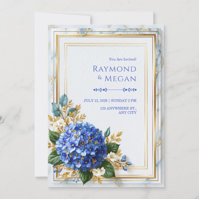 Invitation Mariage Romance Hydrangea Saphir Feuille D'or (Devant)