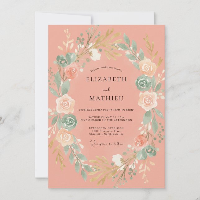 Invitation Mariage Romance Laurier Botanique Corail (Devant)