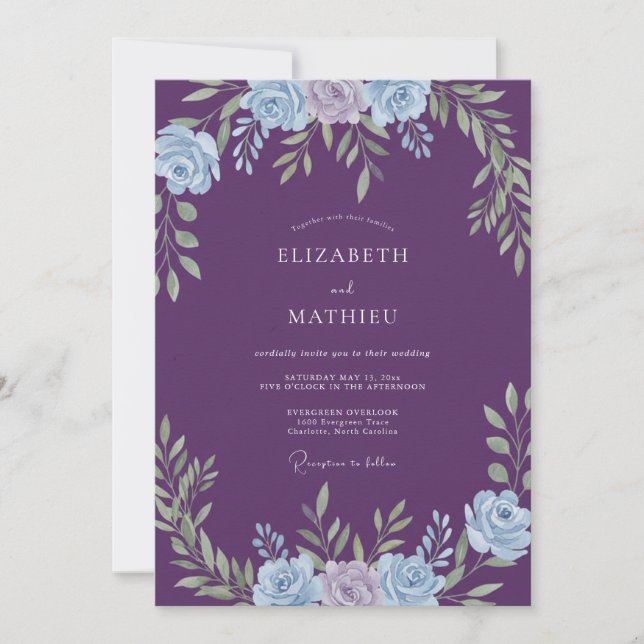 Invitation Mariage Romance Laurier Floral Violet (Devant)