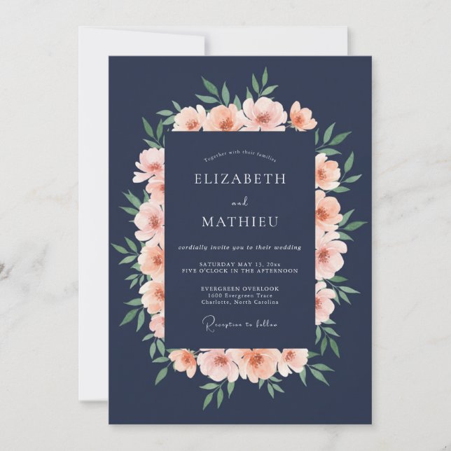 Invitation Mariage Romance Navy Blush Pivoine (Devant)