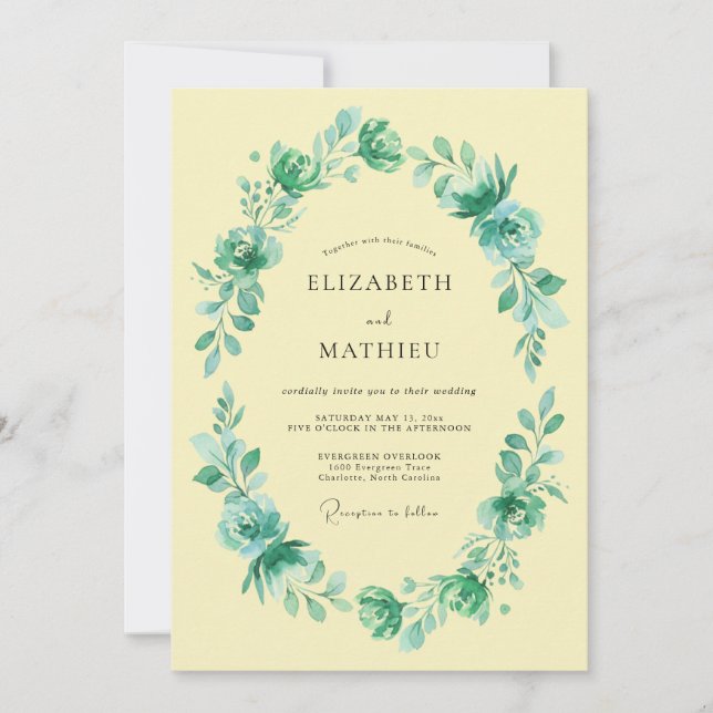 Invitation Mariage Romance Ovale Fleur Teal (Devant)