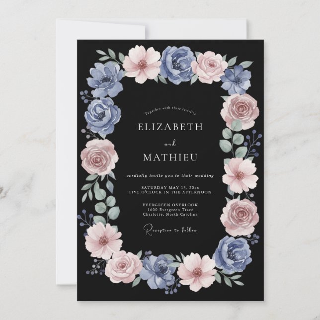 Invitation Mariage Romance Rose Bleu Poussiéreux (Devant)