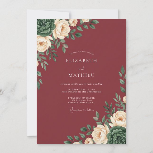 Invitation Mariage Romance Rose Bourgogne (Devant)