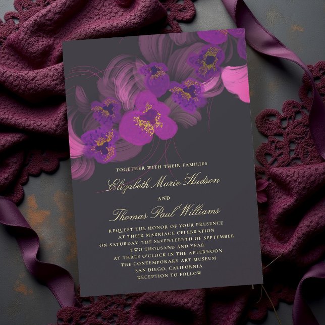 Invitation Mariage Romance Sombre Foncé Orchidée Gras Or Viol (orchid wedding invitation dark moody romantic purple gold elegant modern classic formal black)