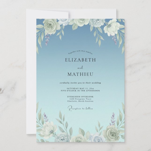 Invitation Mariage Romantique à Feuille Peinte d'Azur (Devant)