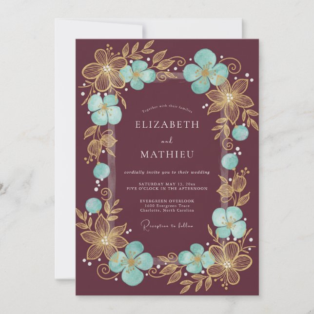 Invitation Mariage Romantique à Fleur Burgonde Dorée (Devant)