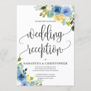 Invitation mariage romantique à fleurs jaunes bleues