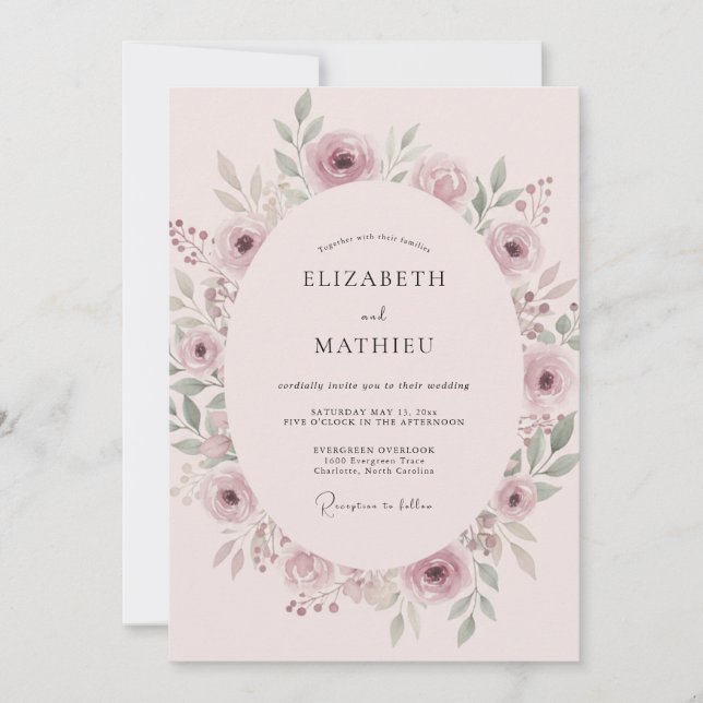 Invitation Mariage Romantique à la Fleur de Rose Poussiéreuse (Devant)